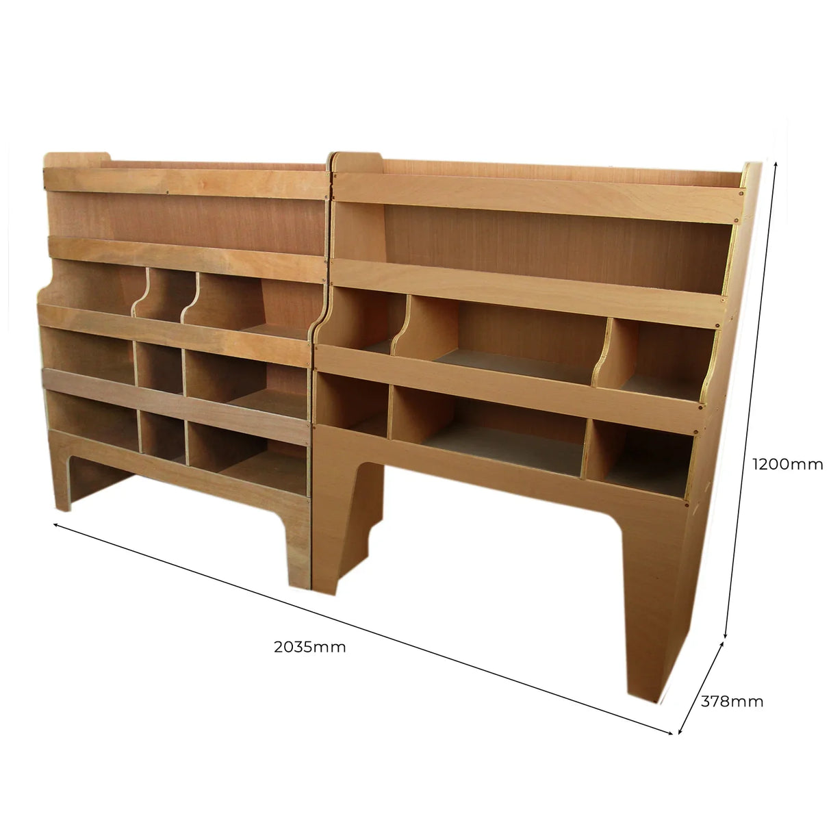 Offside plywood van racking for Ford Transit Custom, featuring a sturdy design with multiple shelves, smooth wood finish, and precise dimensions
