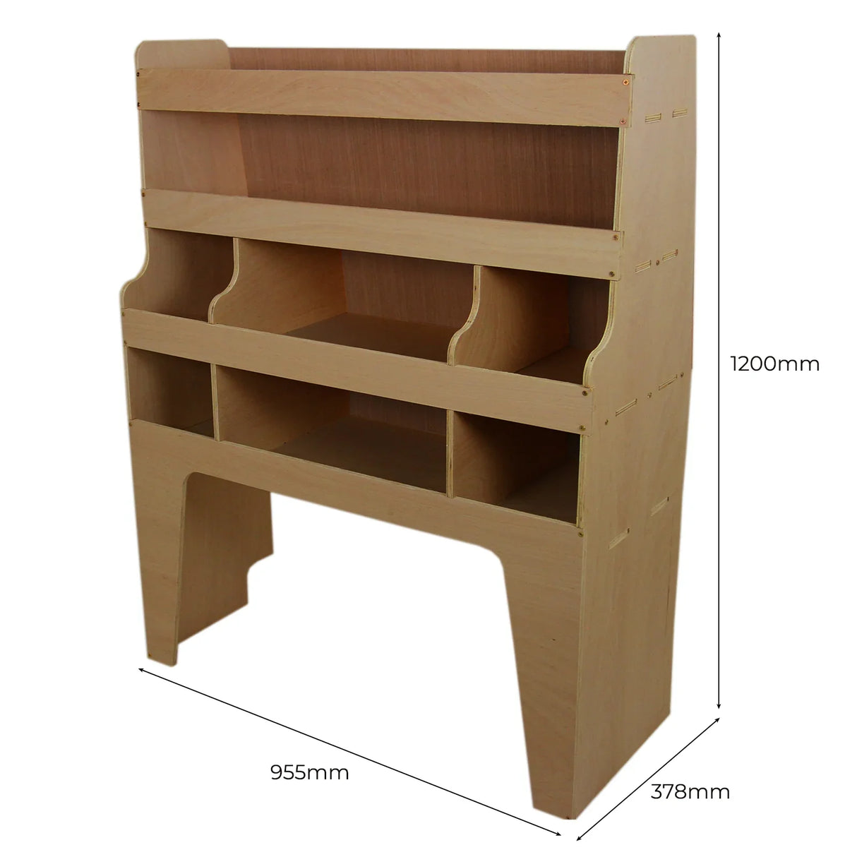 Ford Transit Custom van racking in light plywood, featuring multiple shelves and compartments for organized storage, dimensions 1200mm x 955mm x 378mm