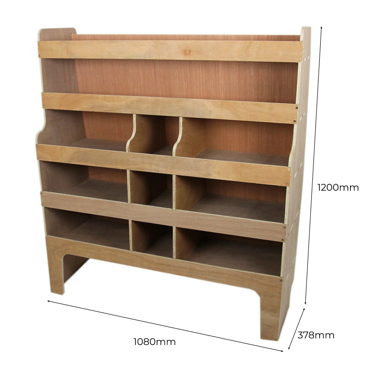 Offside plywood van racking for Ford Transit Custom, featuring multiple shelves, a natural wood finish, and precise dimensions for efficient storage
