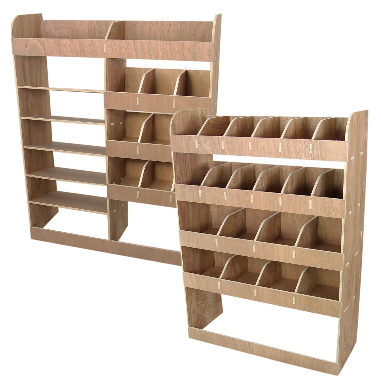 Vauxhall Vivaro SWB plywood van racking unit featuring multiple shelves and compartments, designed for efficient storage and organization
