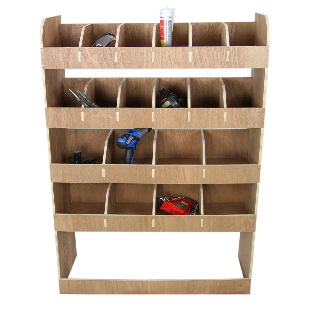 Vauxhall Vivaro SWB plywood van racking unit with multiple compartments, showcasing a light wood finish and sturdy design for tool organization