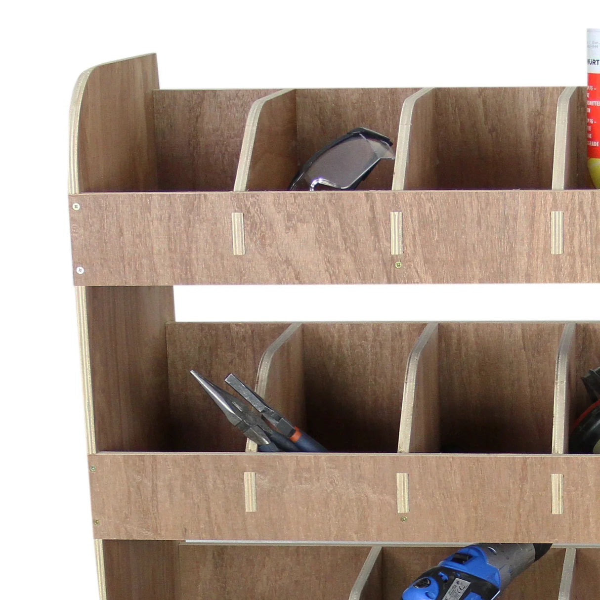 Vauxhall Vivaro SWB plywood van racking unit with multiple compartments, showcasing tools and safety glasses, designed for efficient organization