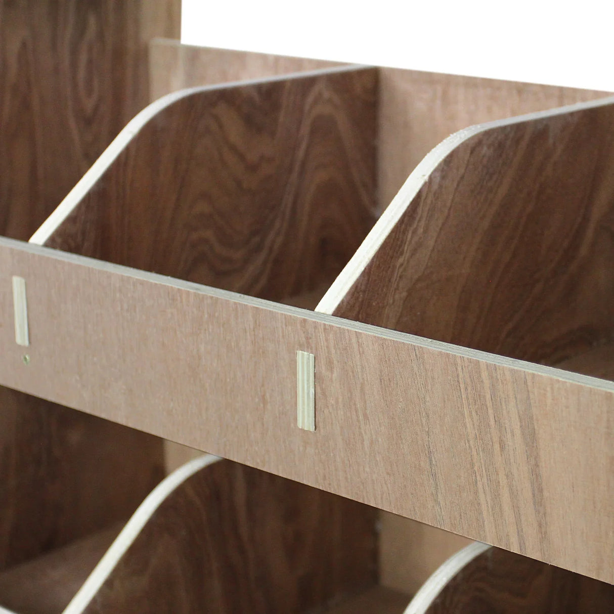 Vauxhall Vivaro SWB plywood van racking unit featuring smooth, curved compartments with a rich wood grain finish for organized storage