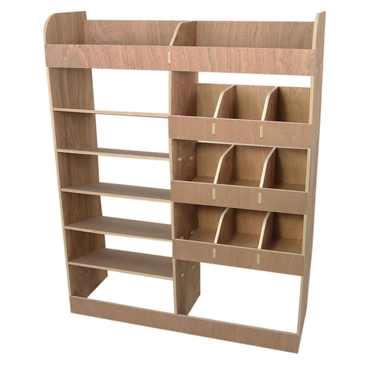 Vauxhall Vivaro SWB plywood van racking unit featuring multiple shelves and compartments for organized storage, with a smooth wood finish