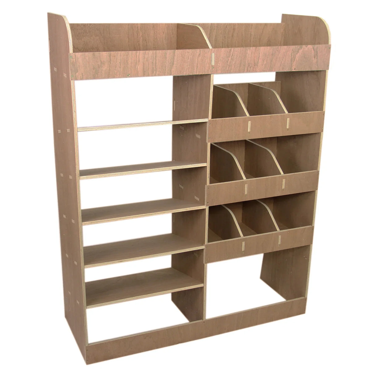 Vauxhall Vivaro SWB plywood van racking unit with multiple shelves and compartments, featuring a smooth, light brown finish