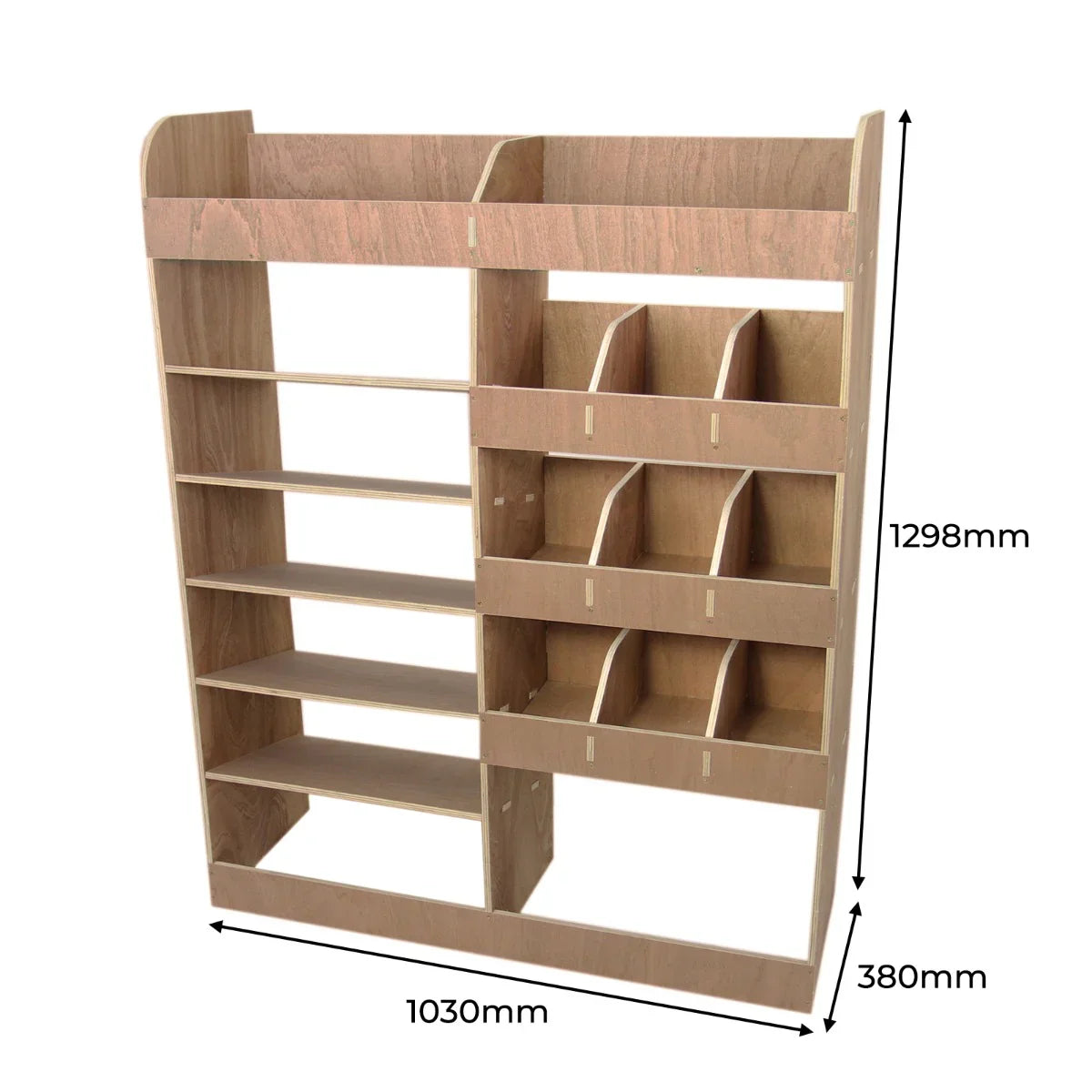 Vauxhall Vivaro SWB plywood van racking unit with multiple shelves and compartments, featuring a smooth wood finish and practical design