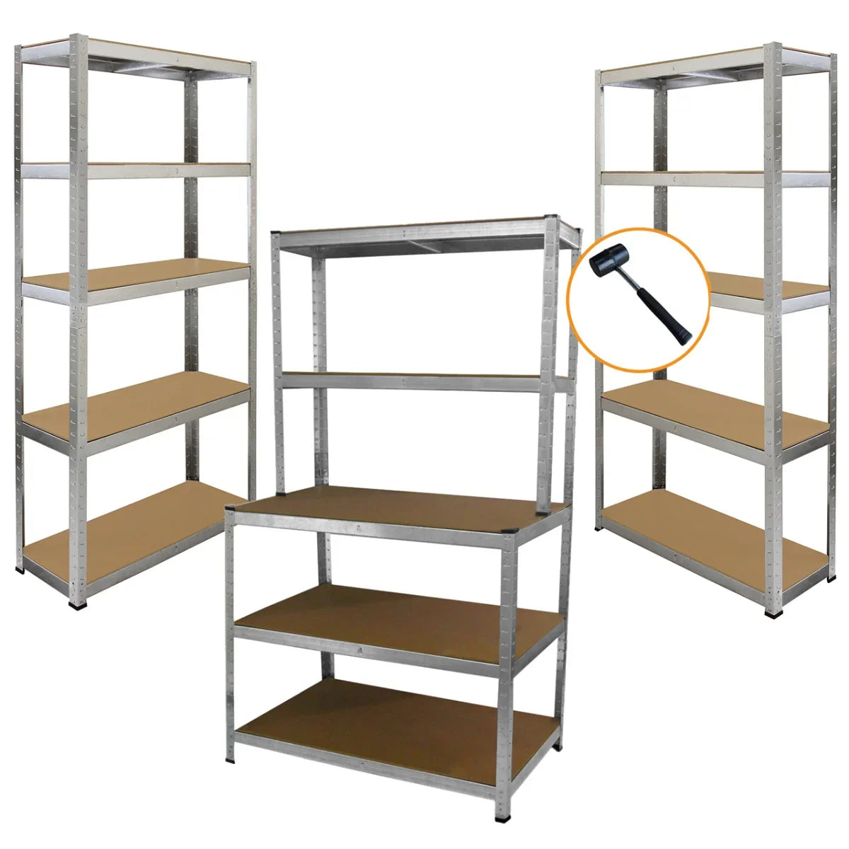 Galwix workbench shelving unit with two 90cm metal frames, featuring sturdy brown shelves and a rubber mallet for assembly