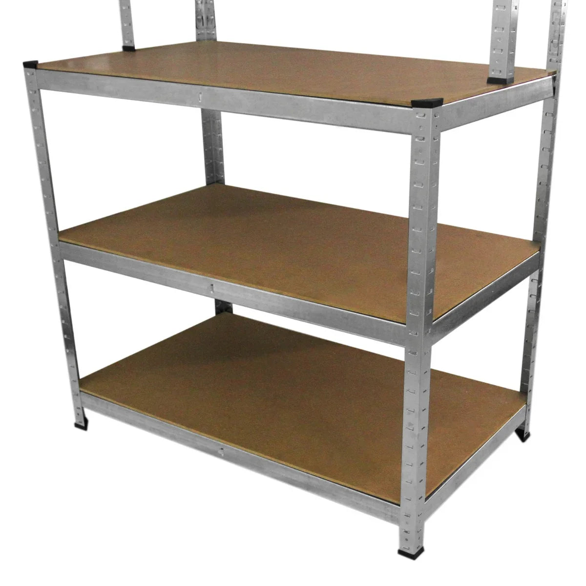 Galwix workbench shelving unit with three sturdy shelves, featuring a metallic frame and smooth, brown wooden surfaces