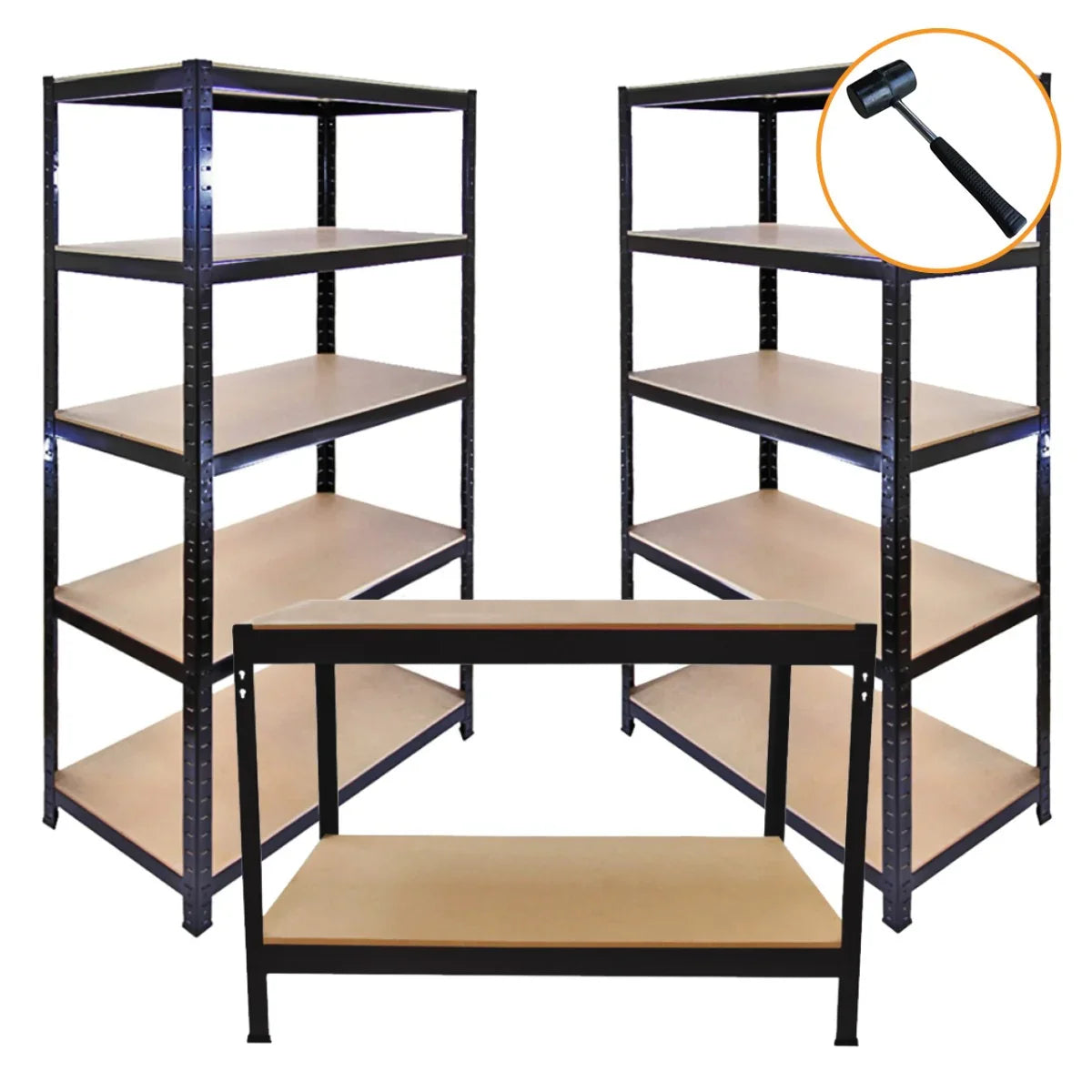 Three black metal racking units with wooden shelves and a sturdy workbench, ideal for storage and organization in garages or workshops