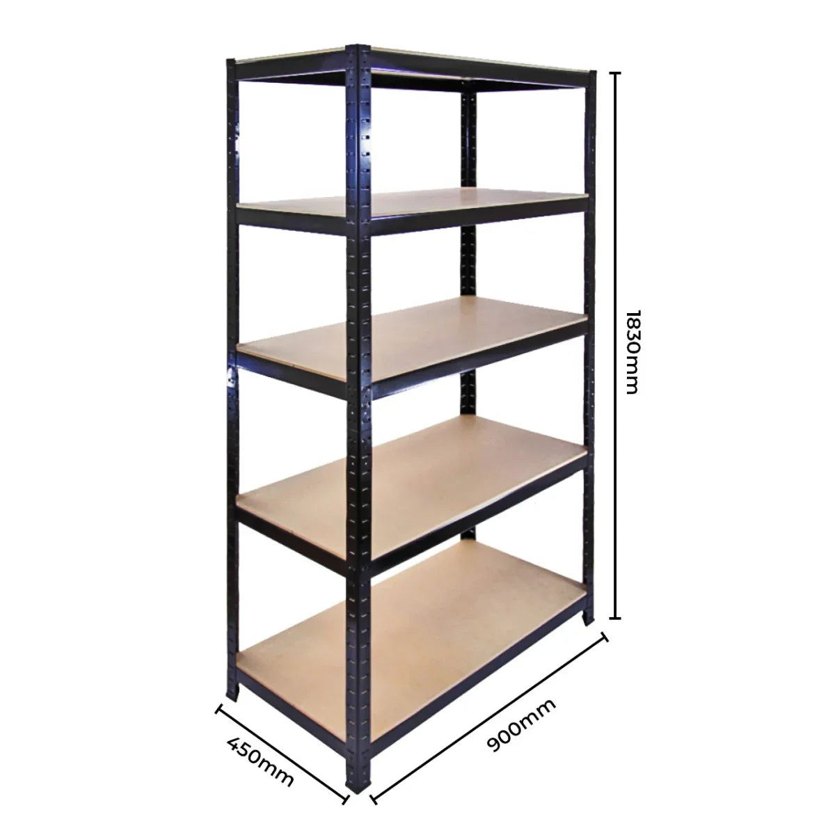 Black metal racking unit with five wooden shelves, measuring 183cm tall, 90cm wide, and 45cm deep, ideal for storage and organization