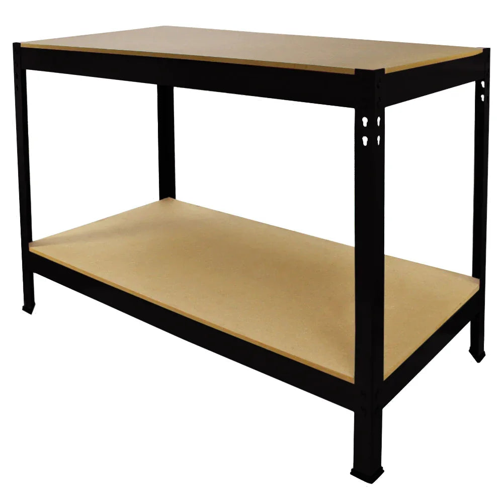 Sturdy black metal racking unit with a smooth, light wood workbench top and two spacious shelves for storage and organization