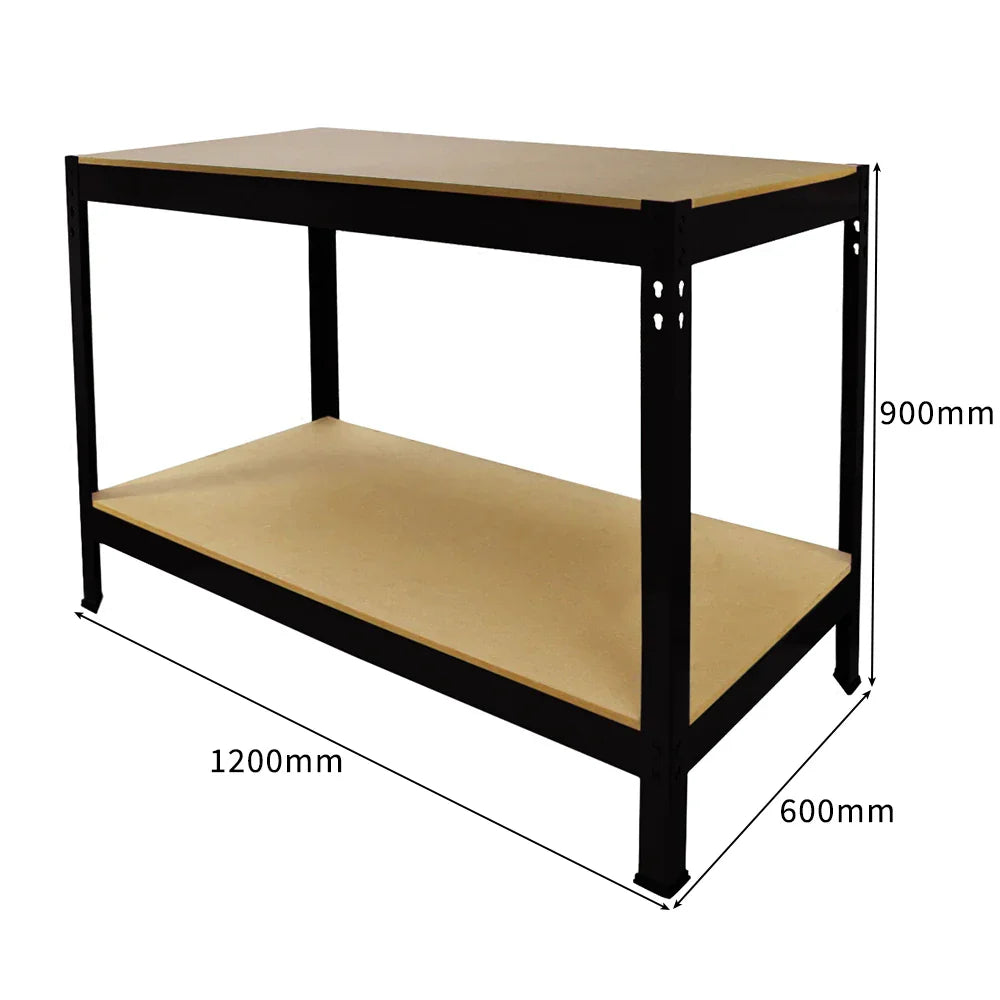 Black metal racking unit with a sturdy MDF workbench top, featuring two spacious shelves for storage and organization