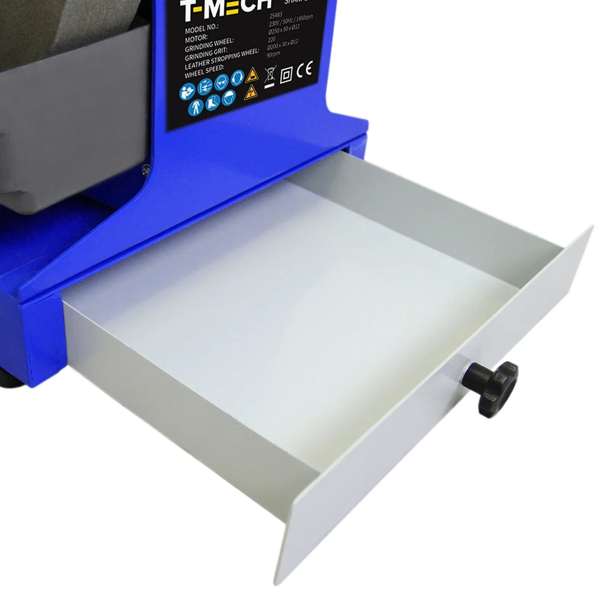 T-Mech Wet Sharpener 230V features a blue body with a white pull-out tray, ideal for collecting water and sharpening debris