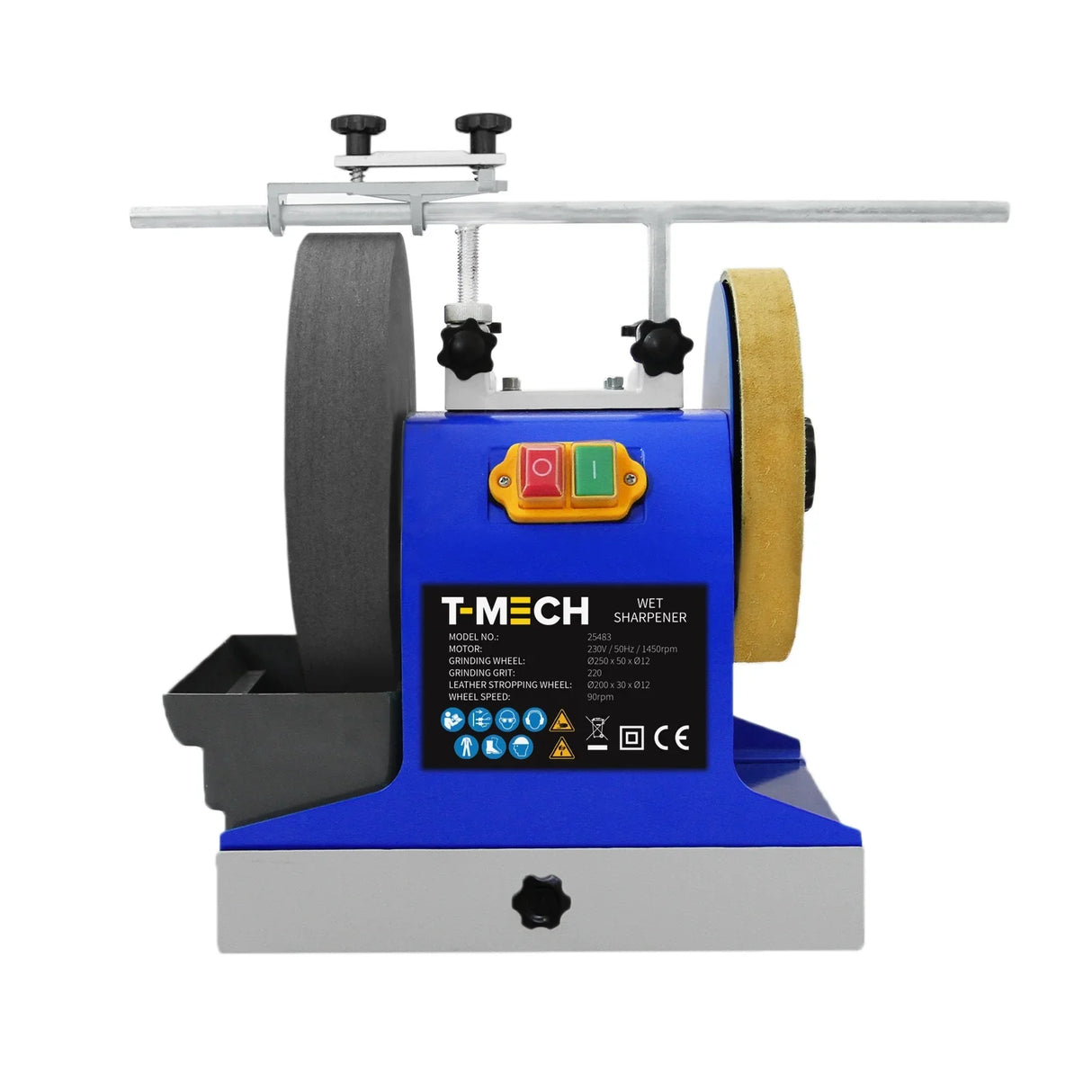 T-Mech Wet Sharpener 230V features a blue and gray design with a large grinding wheel, adjustable settings, and safety controls