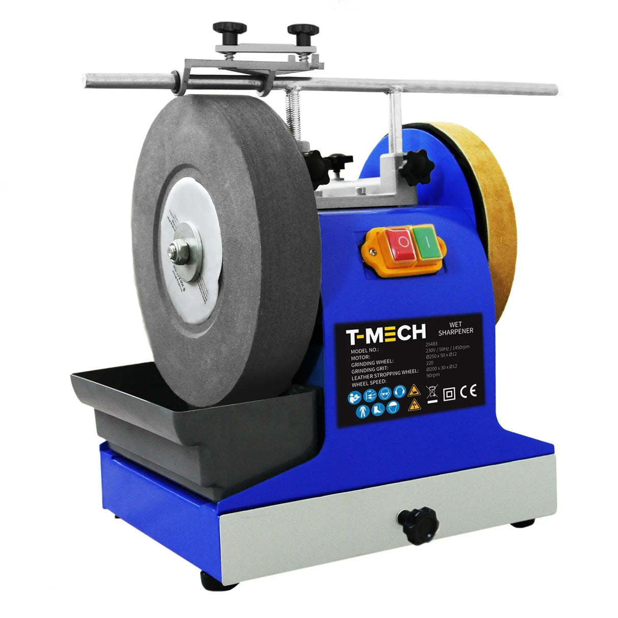T-Mech Wet Sharpener 230V features a blue body, large grinding wheel, and adjustable sharpening guide for precise edge honing