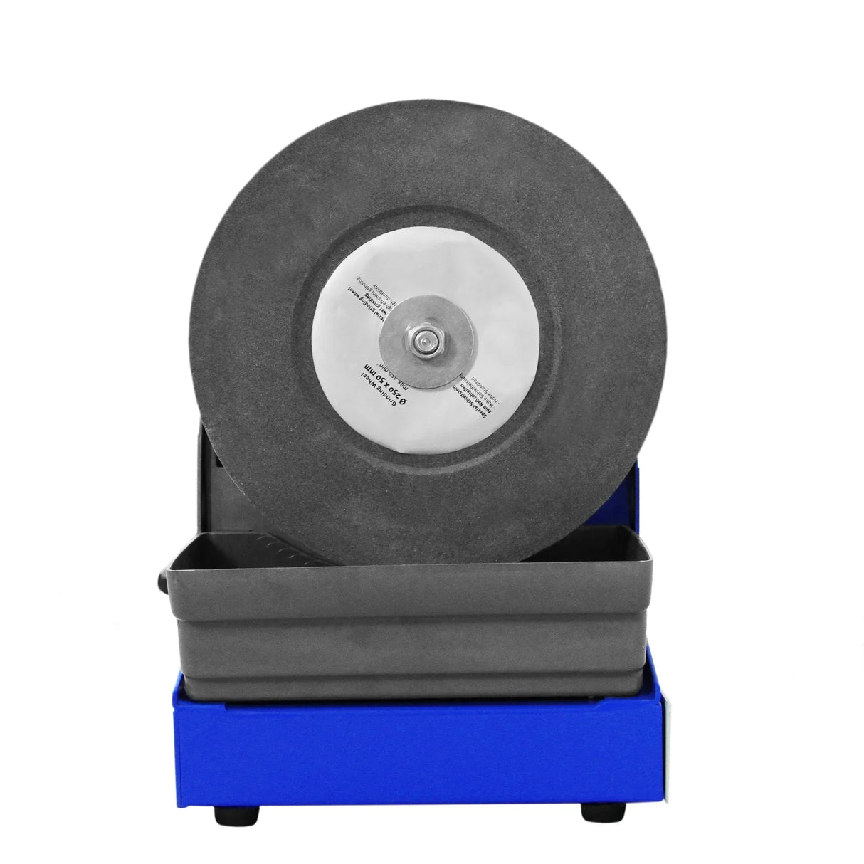 T-Mech Wet Sharpener 230V with a large gray grinding wheel, mounted on a blue base with a water reservoir for cooling