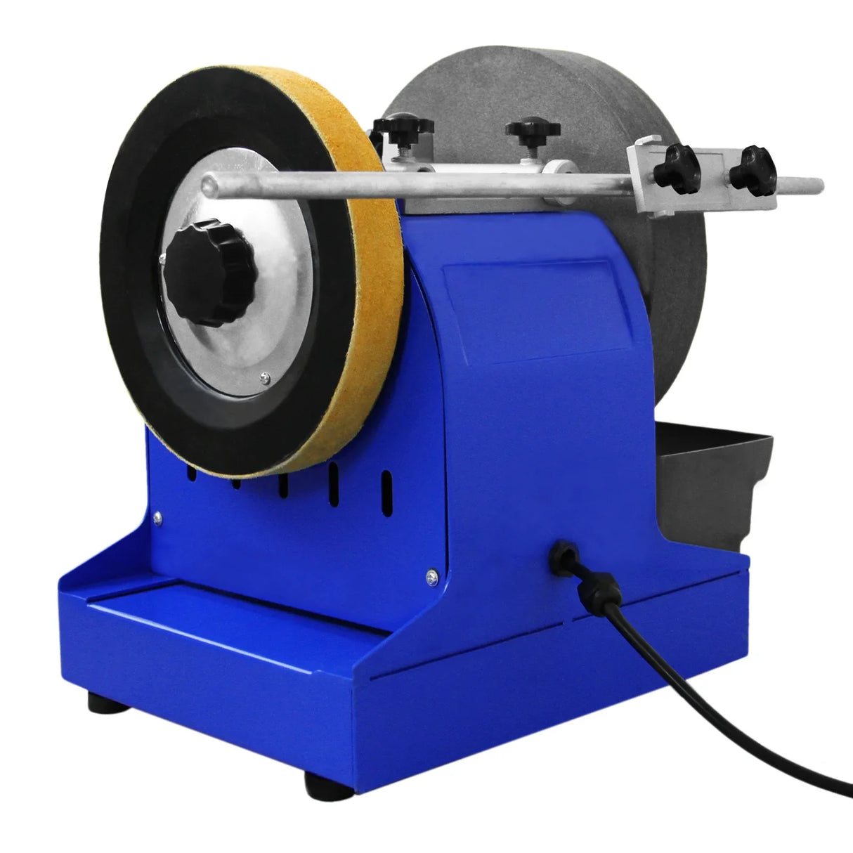 T-Mech Wet Sharpener 230V in vibrant blue with a large grinding wheel, adjustable arm, and water reservoir for effective sharpening