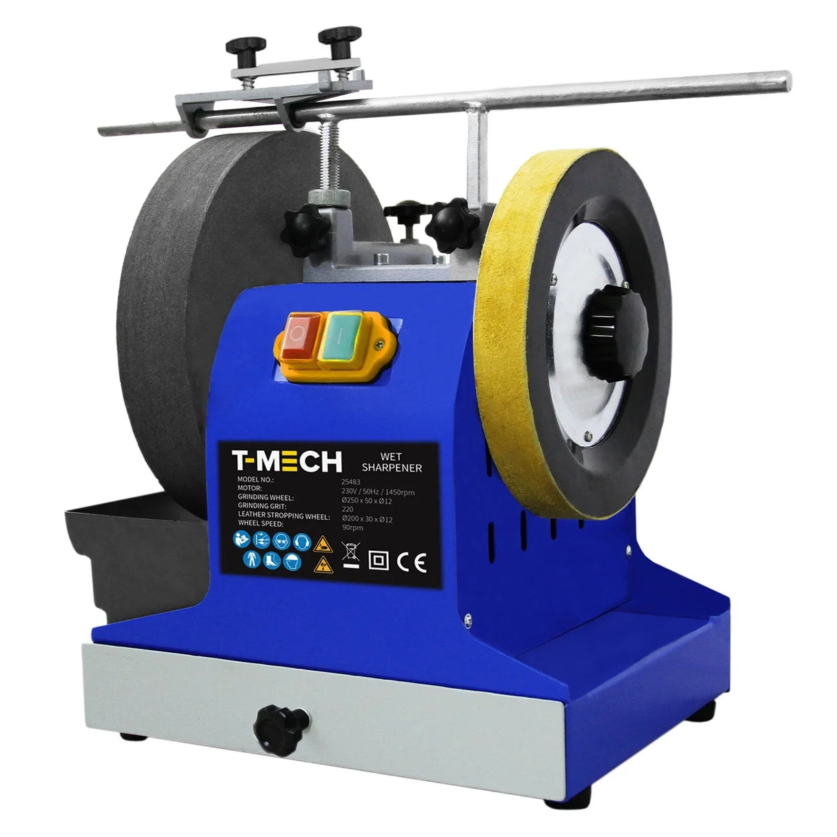 T-Mech Wet Sharpener 230V features a blue and gray body, dual sharpening wheels, and easy-to-use controls for precision sharpening