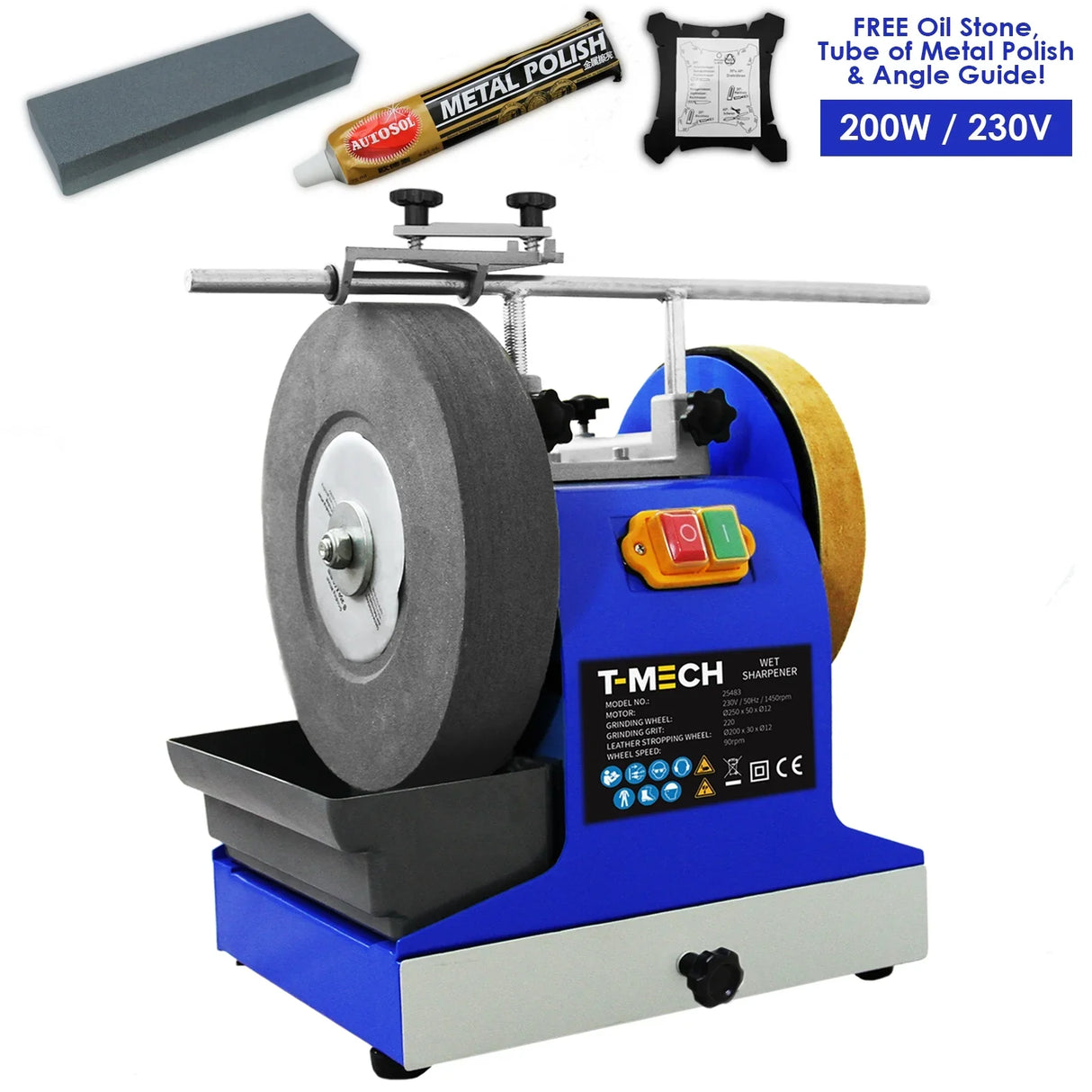 T-Mech Wet Sharpener 230V features a gray sharpening wheel, blue body, and includes an oil stone, metal polish, and angle guide