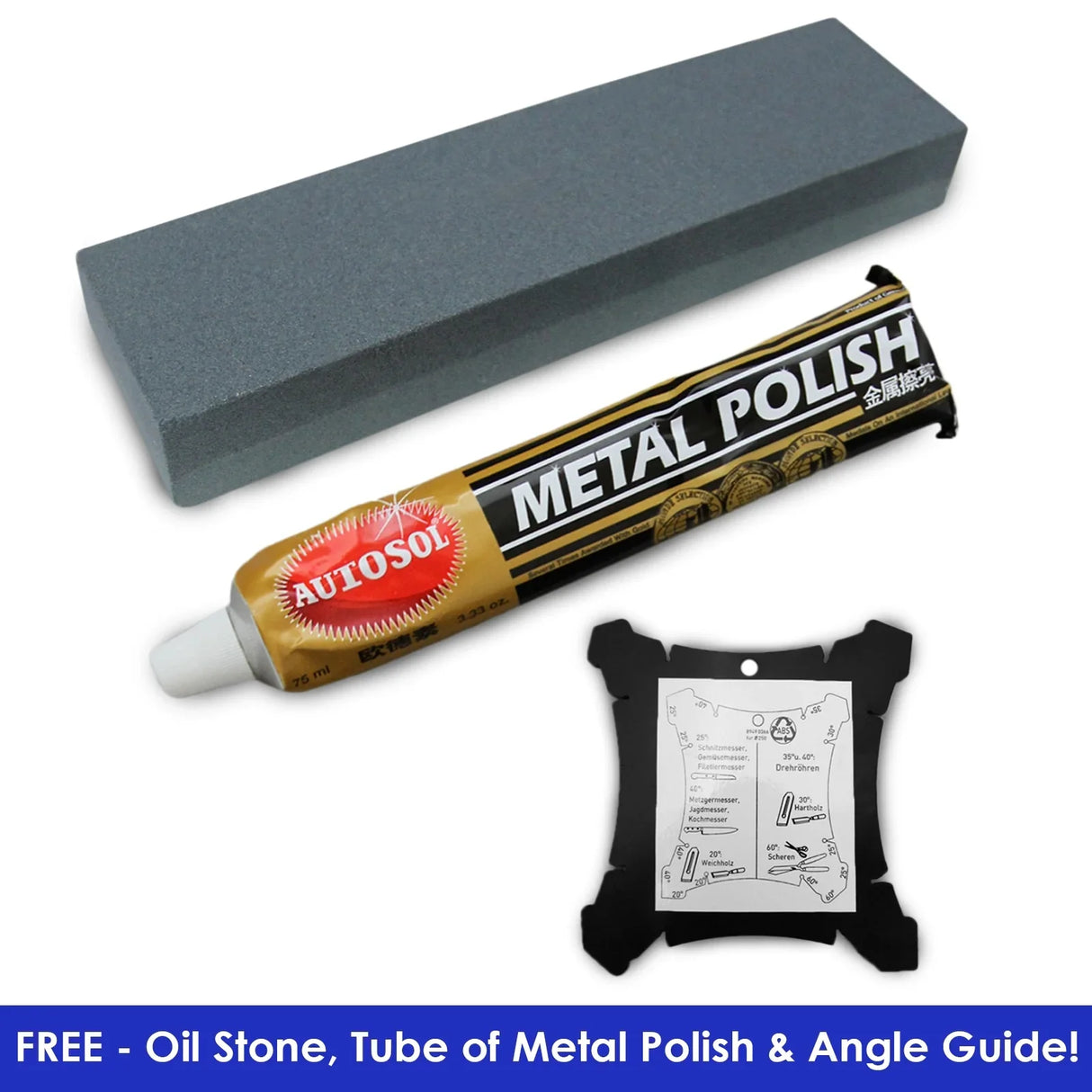 T-Mech Wet Sharpener 230V with free oil stone, metal polish tube, and angle guide, featuring a sleek design and durable materials