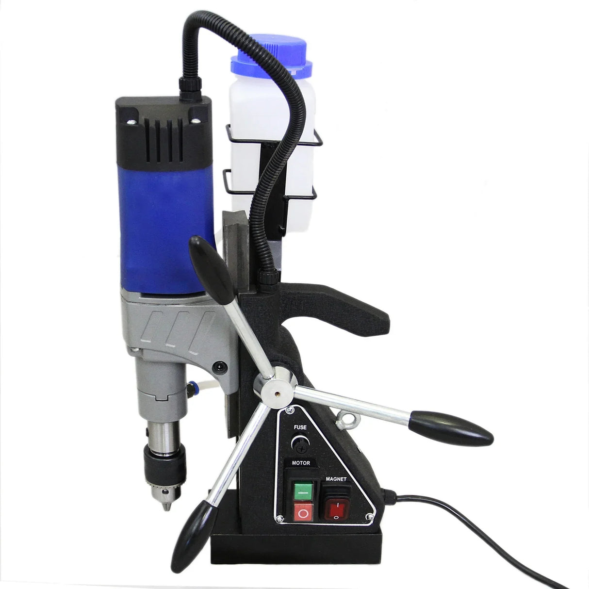 T-Mech Magnetic Drill Press with blue and gray body, adjustable handle, coolant container, and control buttons for precision drilling