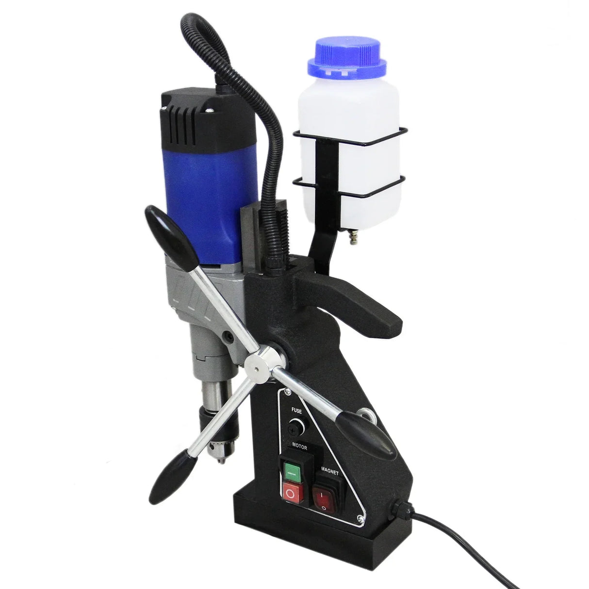 T-Mech Magnetic Drill Press with a blue motor, adjustable handle, and coolant bottle, featuring a sturdy black base and control panel