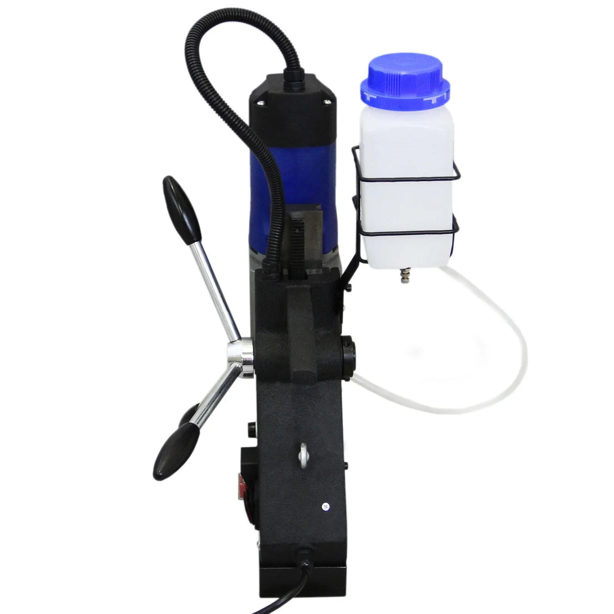 T-Mech Magnetic Drill Press with a blue coolant container, black base, and dual levers for precise drilling control