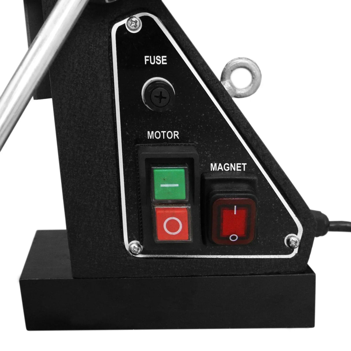 Control panel of T-Mech Magnetic Drill Press featuring red and green buttons for motor and magnet operation, with a fuse indicator