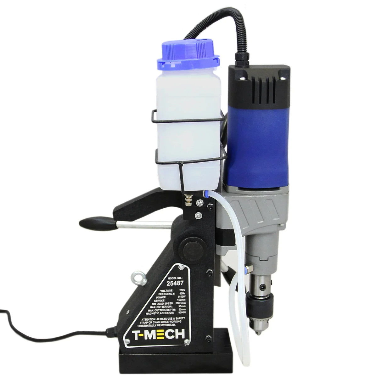 T-Mech Magnetic Drill Press with blue motor, adjustable handle, coolant container, and sturdy black base for precision drilling