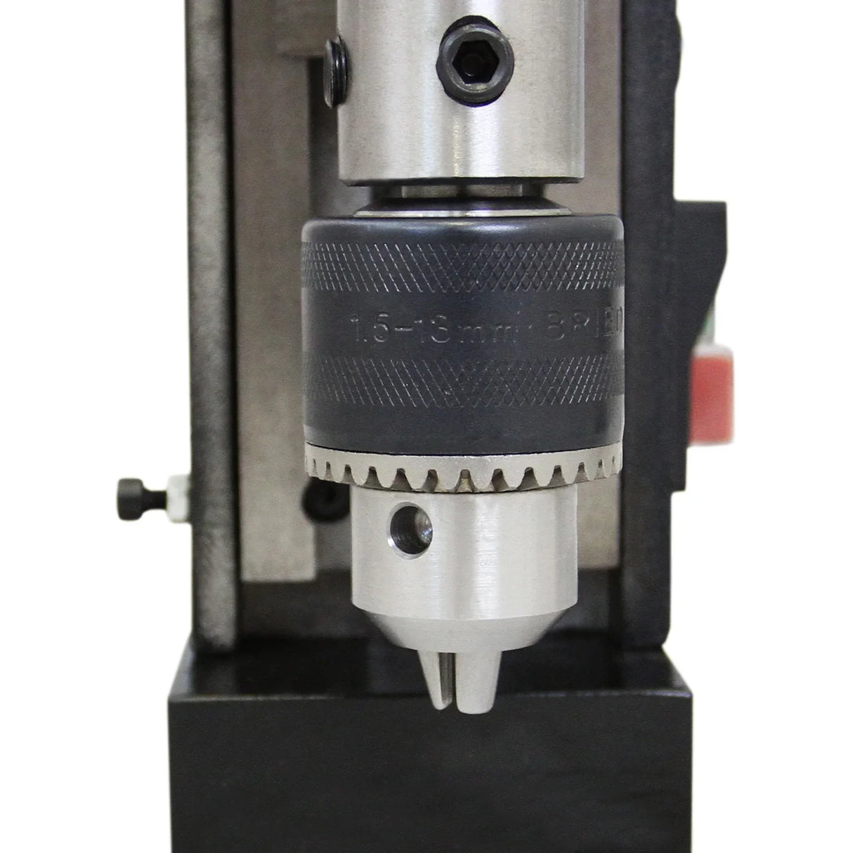 T-Mech Magnetic Drill Press close-up showing the durable steel chuck, adjustable for 1.5 to 13mm drill bits, with a sleek finish