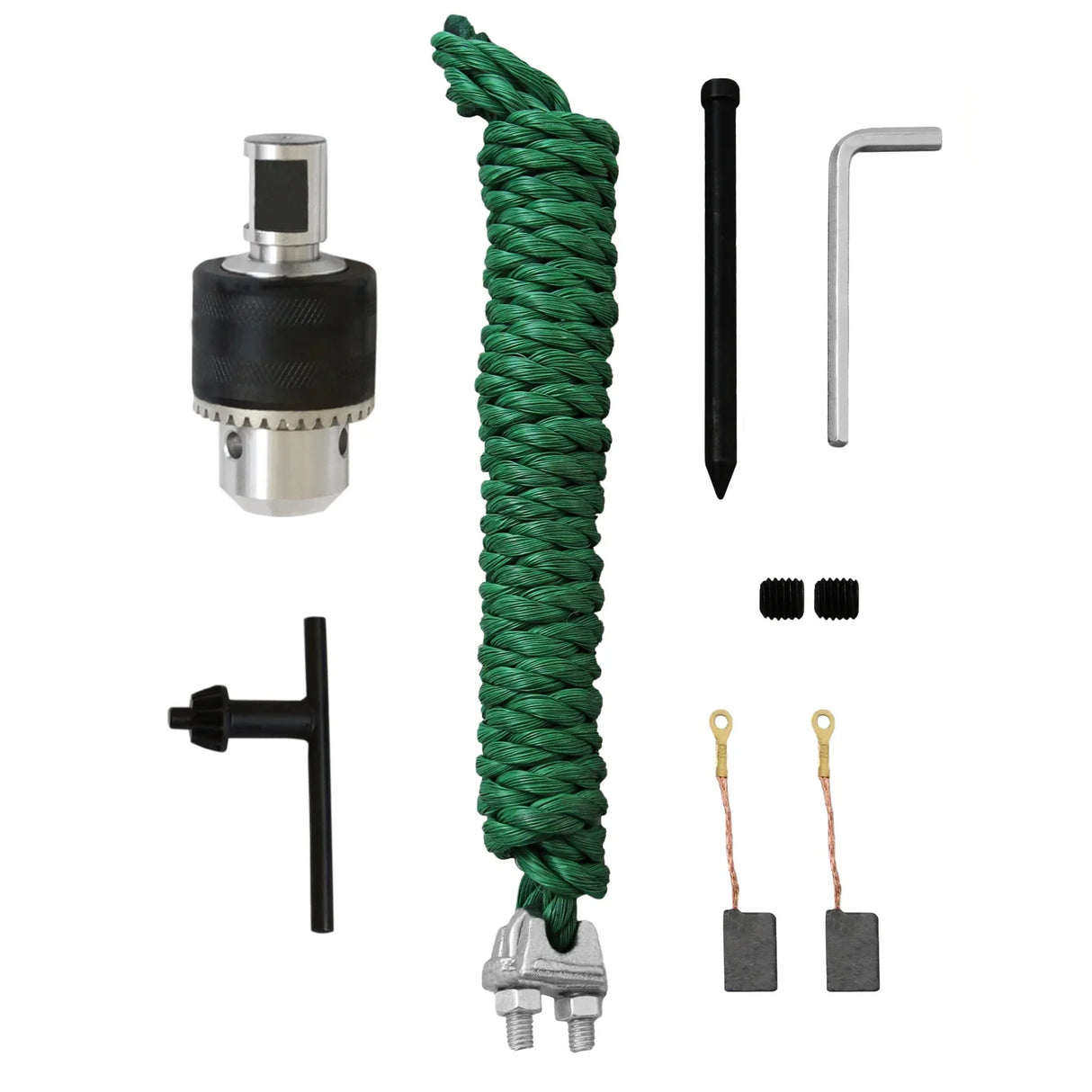 T-Mech Magnetic Drill Press accessories including a drill chuck, green rope, hex key, and various connectors on a white background