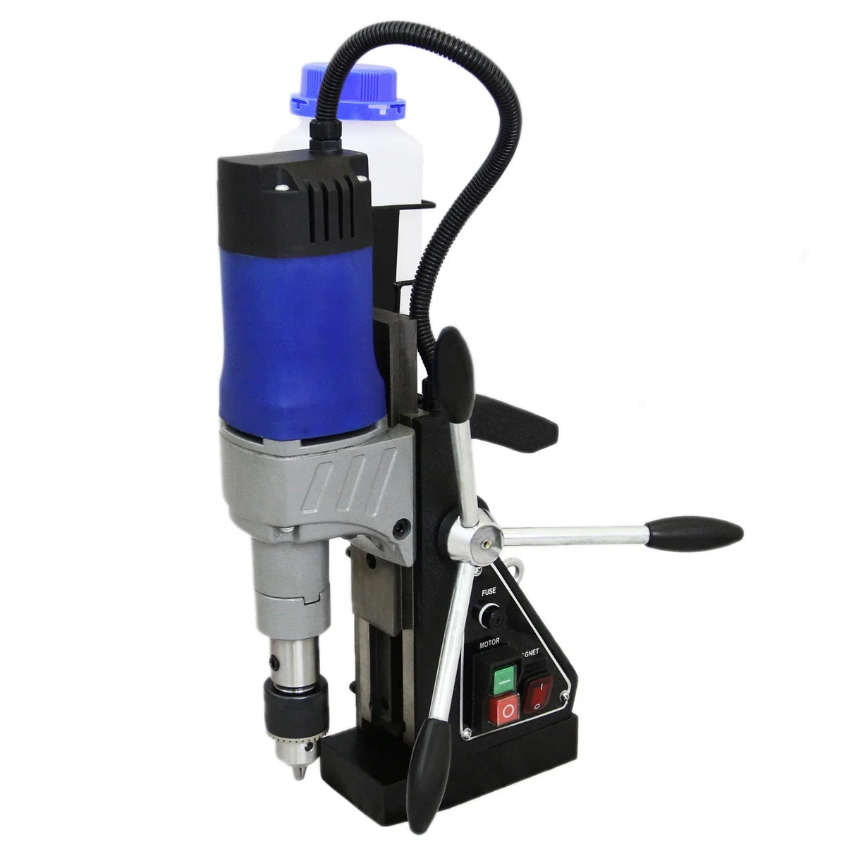 T-Mech Magnetic Drill Press with blue and gray body, adjustable handles, and control panel, designed for precision drilling on metal surfaces