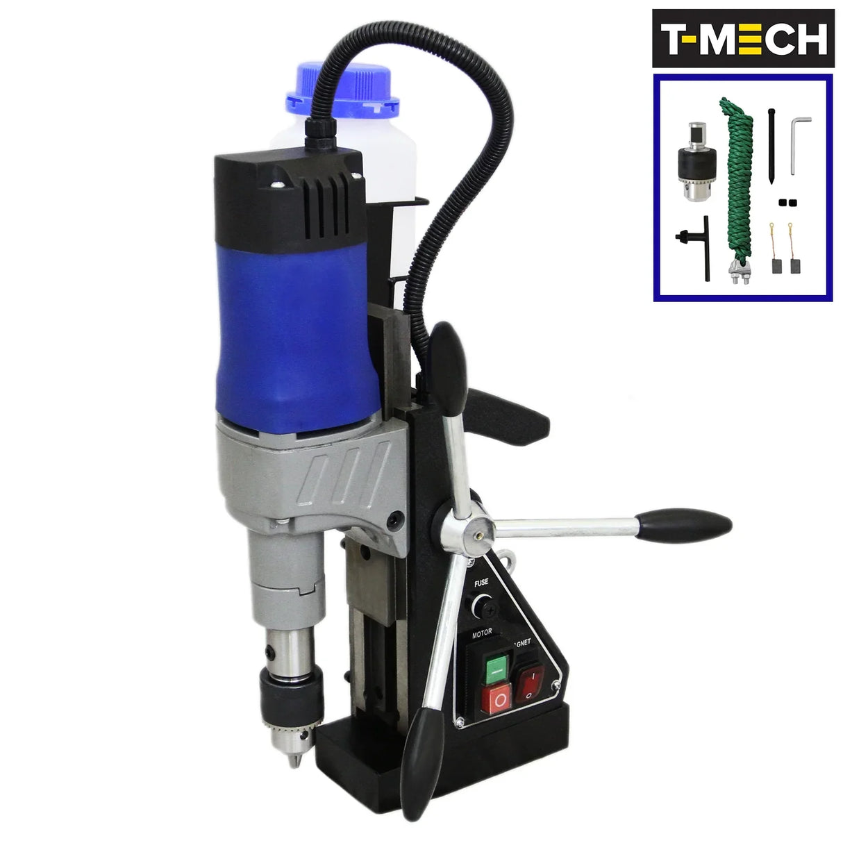 T-Mech Magnetic Drill Press features a blue and silver body, adjustable handle, and control panel with buttons for easy operation
