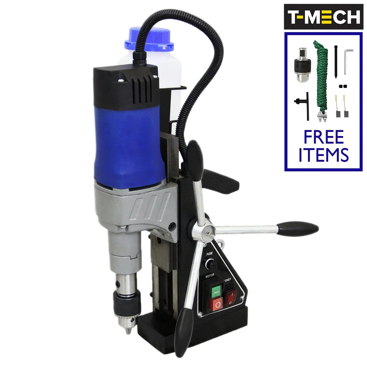 T-Mech Magnetic Drill Press with blue and silver body, adjustable handle, and control panel featuring buttons and a coolant container