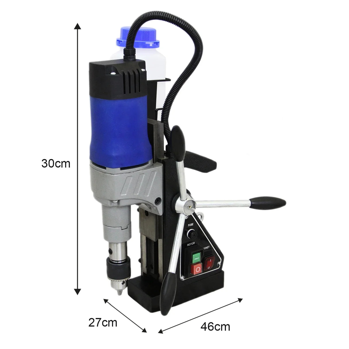 T-Mech Magnetic Drill Press featuring a blue and silver design, compact size, adjustable handle, and power controls for precision drilling