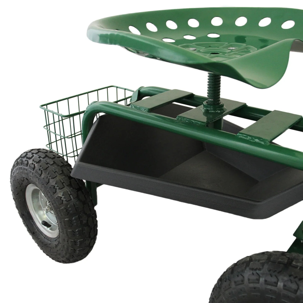 Heavy-duty mobile garden seat with a green perforated seat, sturdy wheels, and a storage compartment for tools and supplies