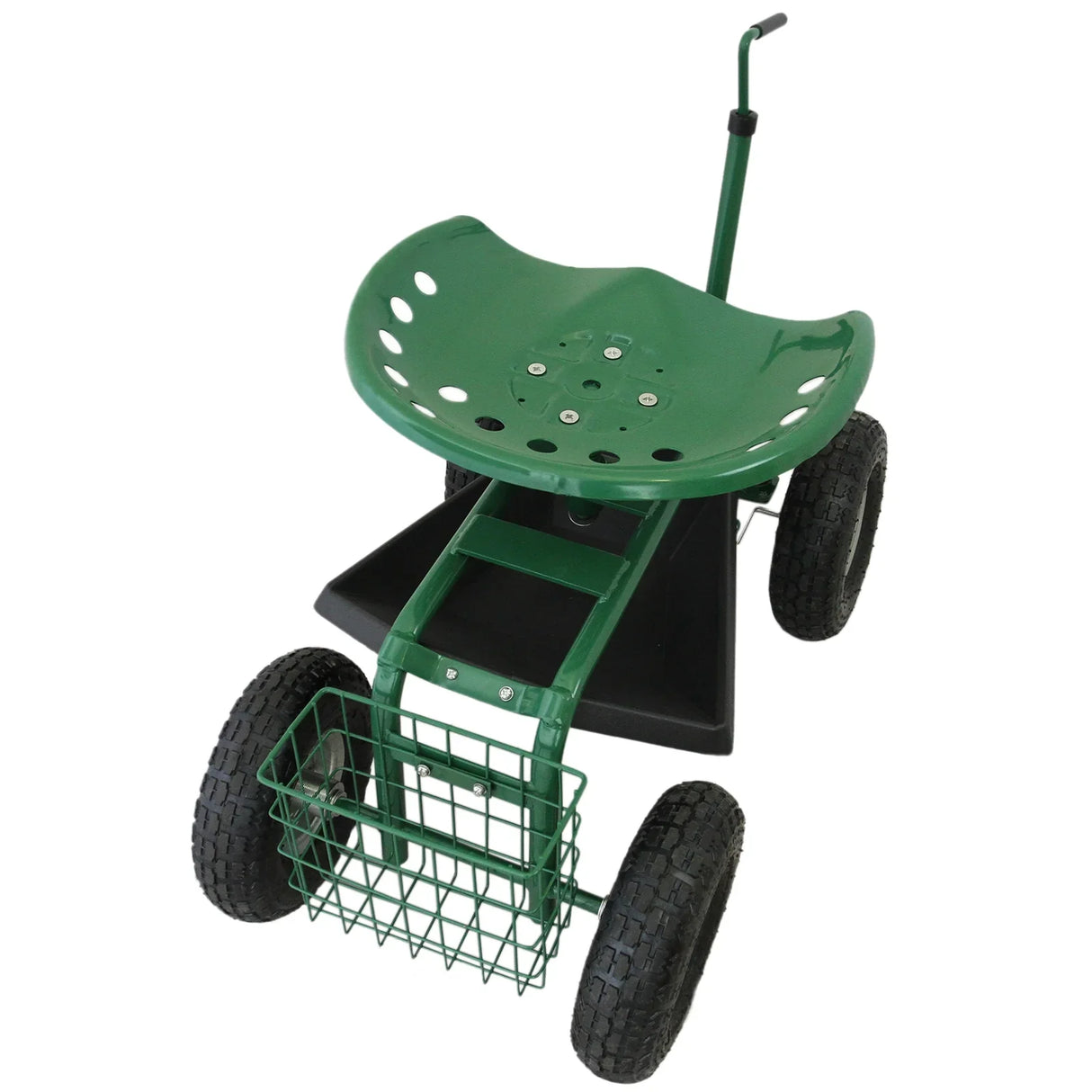 Heavy-duty mobile garden seat with a green molded plastic seat, sturdy wheels, and a wire basket for tools and supplies