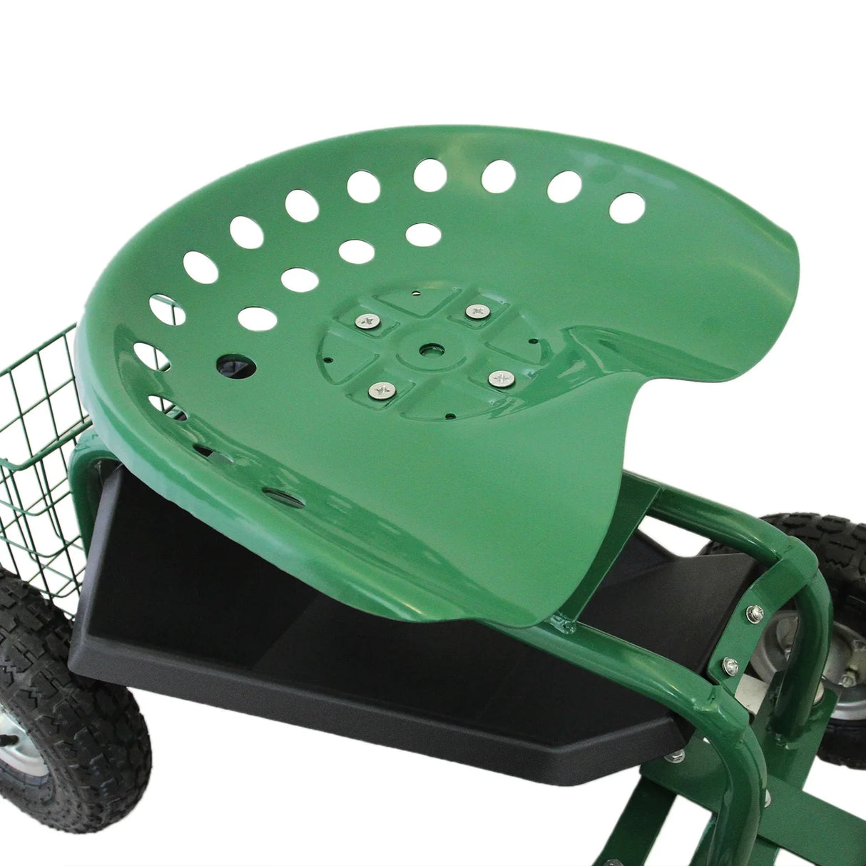 Heavy-duty mobile garden seat with a green perforated plastic seat, sturdy metal frame, and large wheels for easy mobility