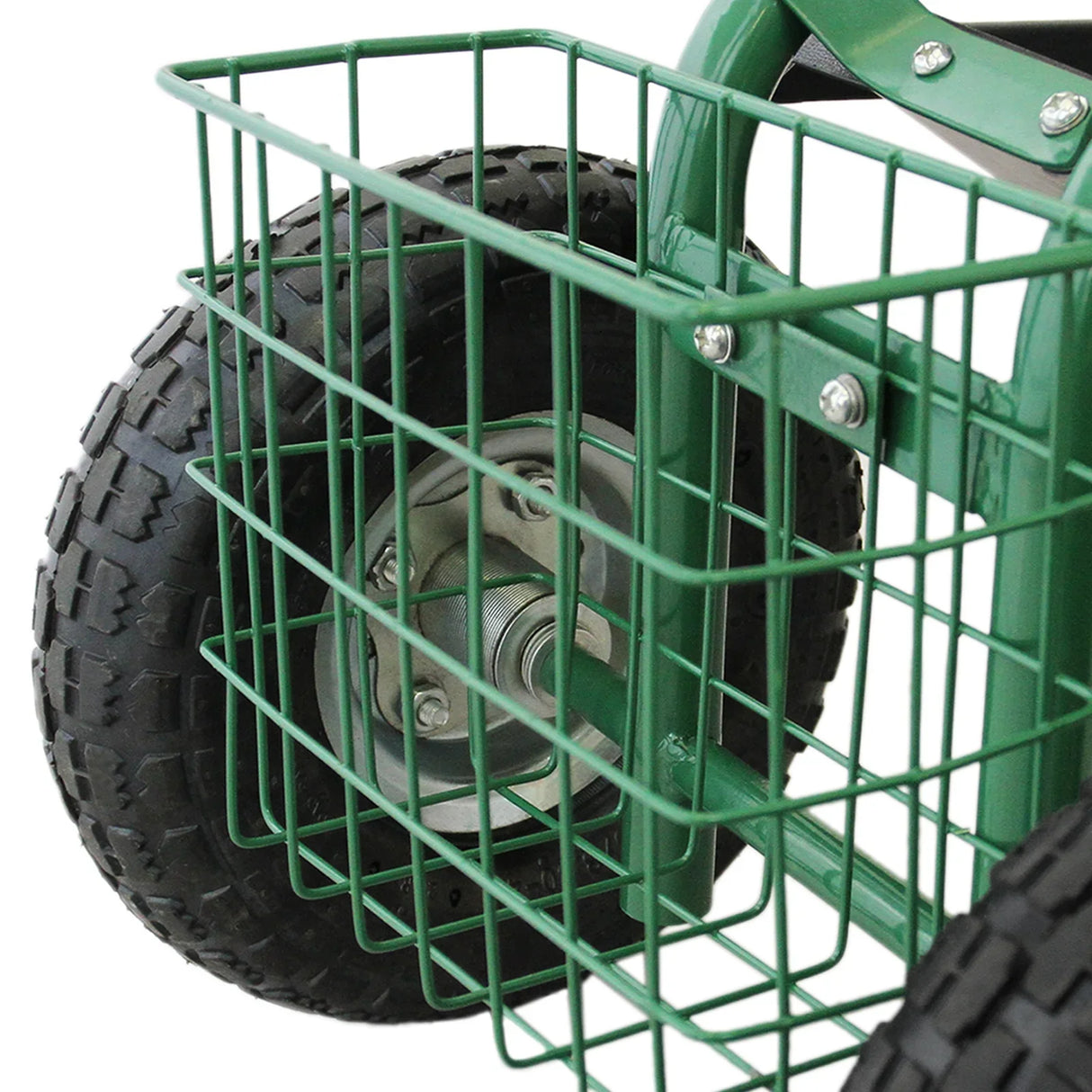 Heavy-duty mobile garden seat featuring sturdy green metal frame, large rubber wheels, and a wire storage basket for tools and supplies