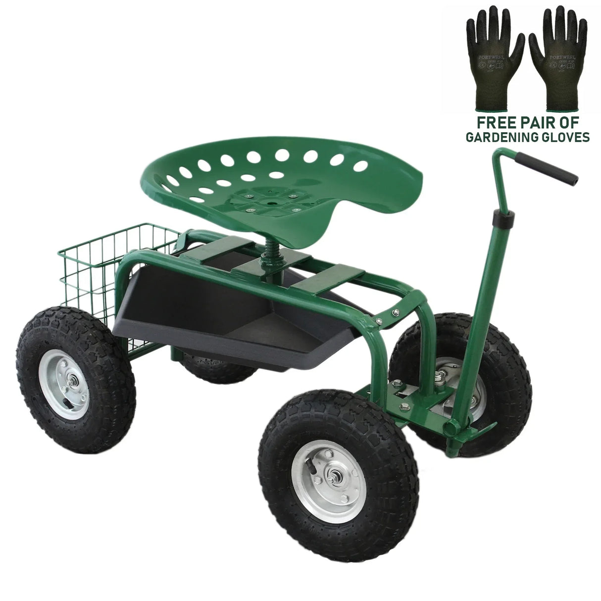 Heavy-duty mobile garden seat with a green perforated seat, sturdy wheels, and a storage basket, includes free gardening gloves
