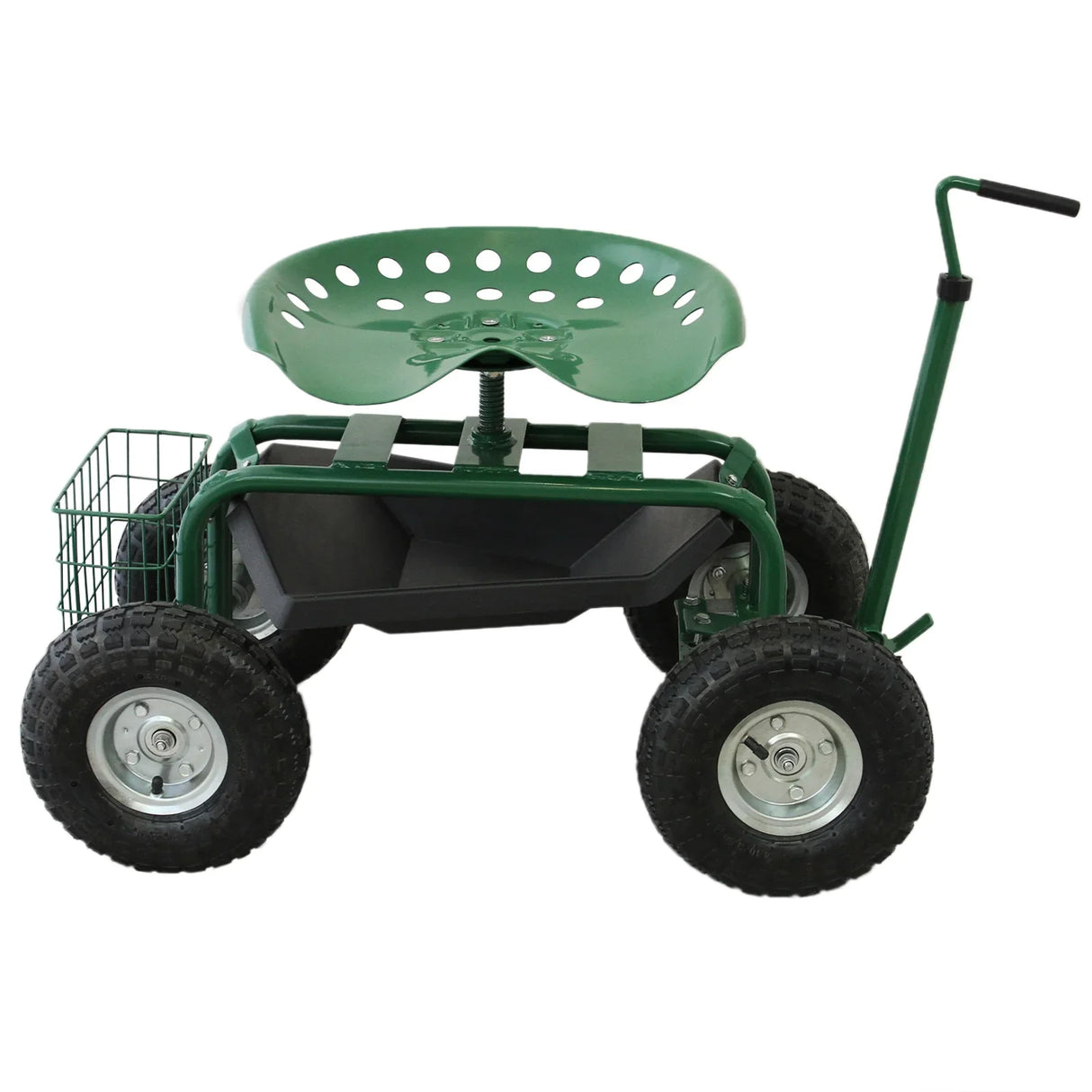 Heavy-duty mobile garden seat with a green perforated seat, sturdy wheels, and a convenient basket for tools and supplies