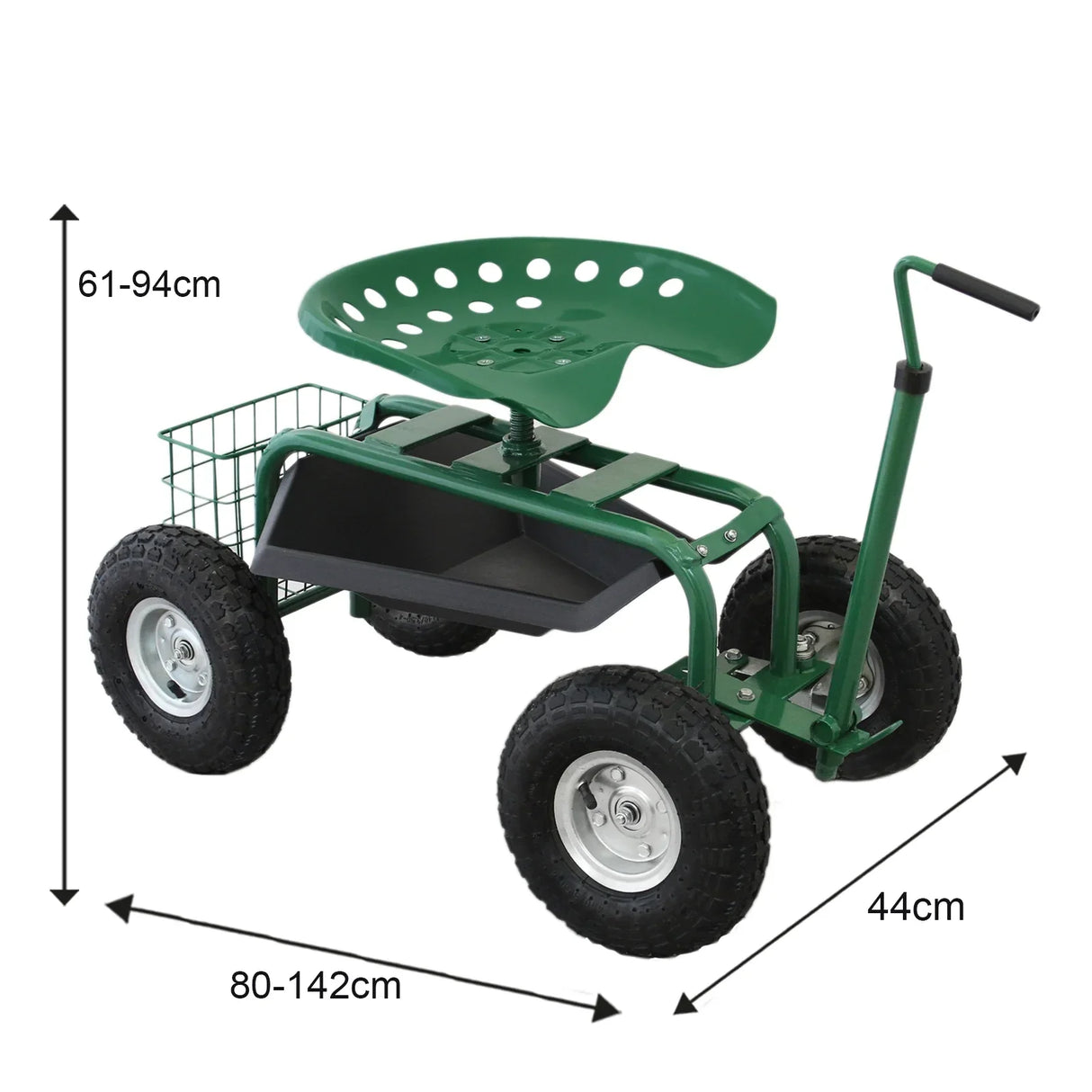 Heavy-duty mobile garden seat with a green perforated seat, sturdy wheels, and a storage basket, adjustable height from 61 to 94 cm
