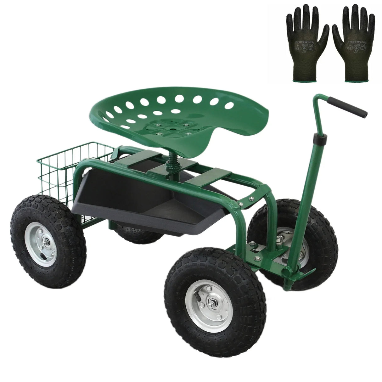 Heavy-duty mobile garden seat with a green perforated seat, sturdy wheels, and a basket for tools, ideal for gardening tasks