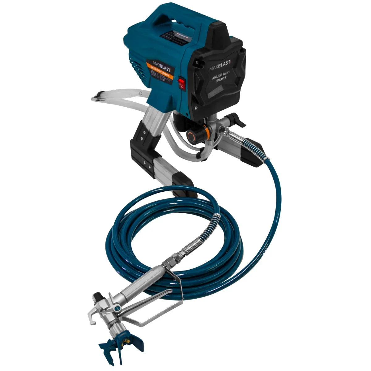 Maxblast Airless Paint Sprayer Gun in teal and silver, featuring a 650W motor, 1.4L capacity, and a flexible hose for easy maneuverability