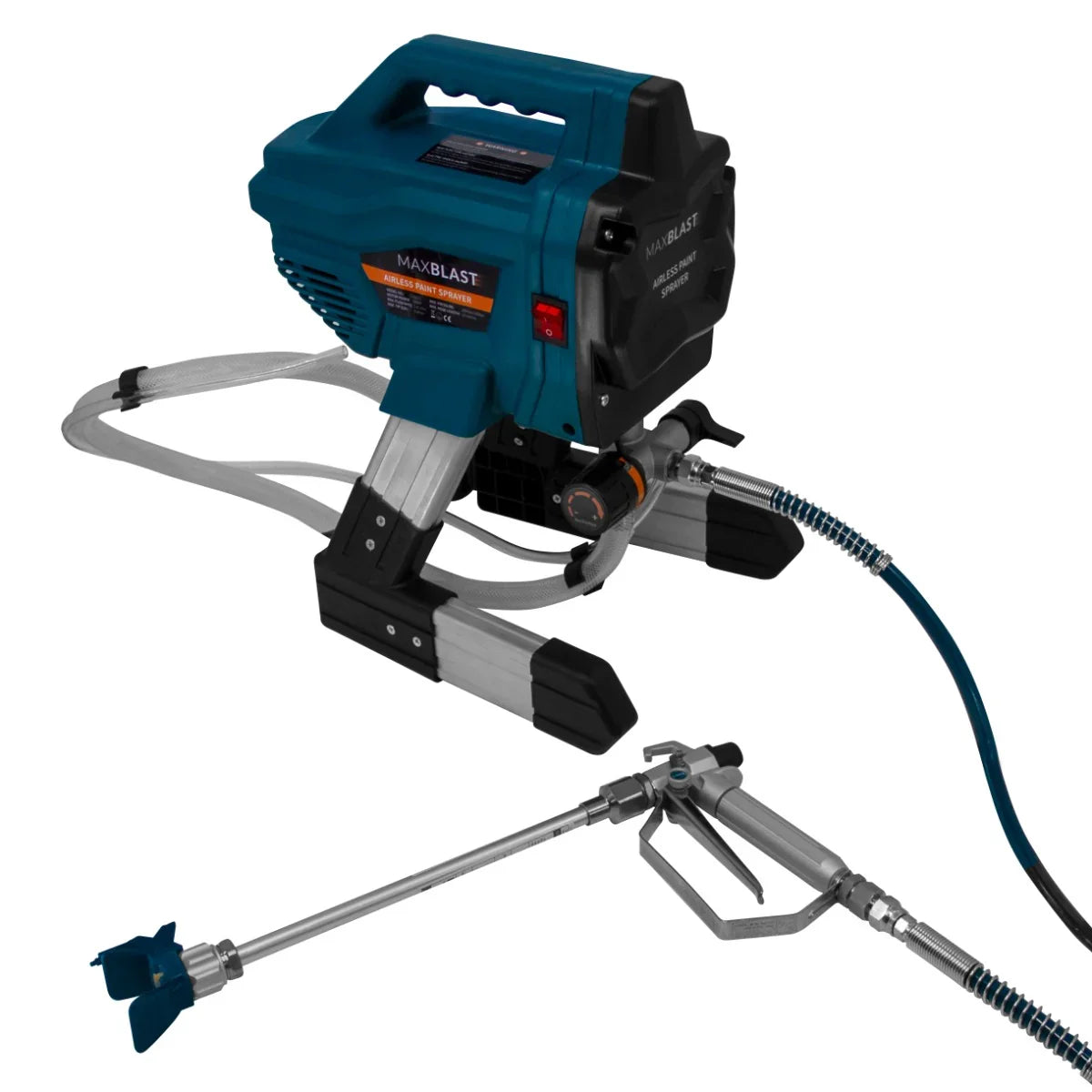 Maxblast Airless Paint Sprayer Gun in teal and black, featuring a sturdy handle, flexible hose, and precision nozzle for smooth application