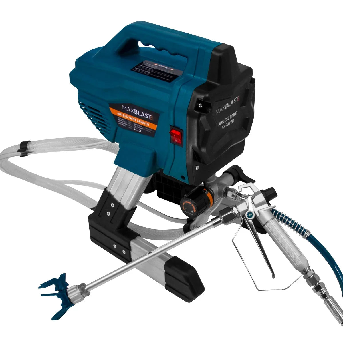 Maxblast Airless Paint Sprayer Gun in teal and black, featuring a sturdy handle, adjustable spray nozzle, and flexible hose for easy painting