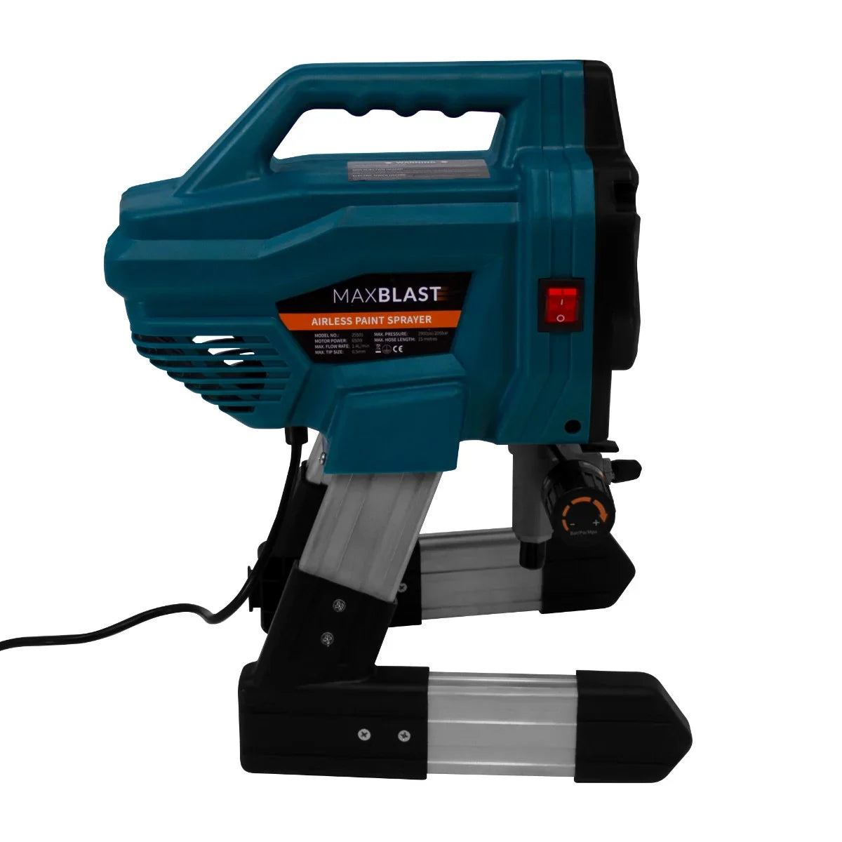 Maxblast Airless Paint Sprayer Gun in teal and black, featuring a sturdy design, adjustable nozzle, and ergonomic handle for easy use