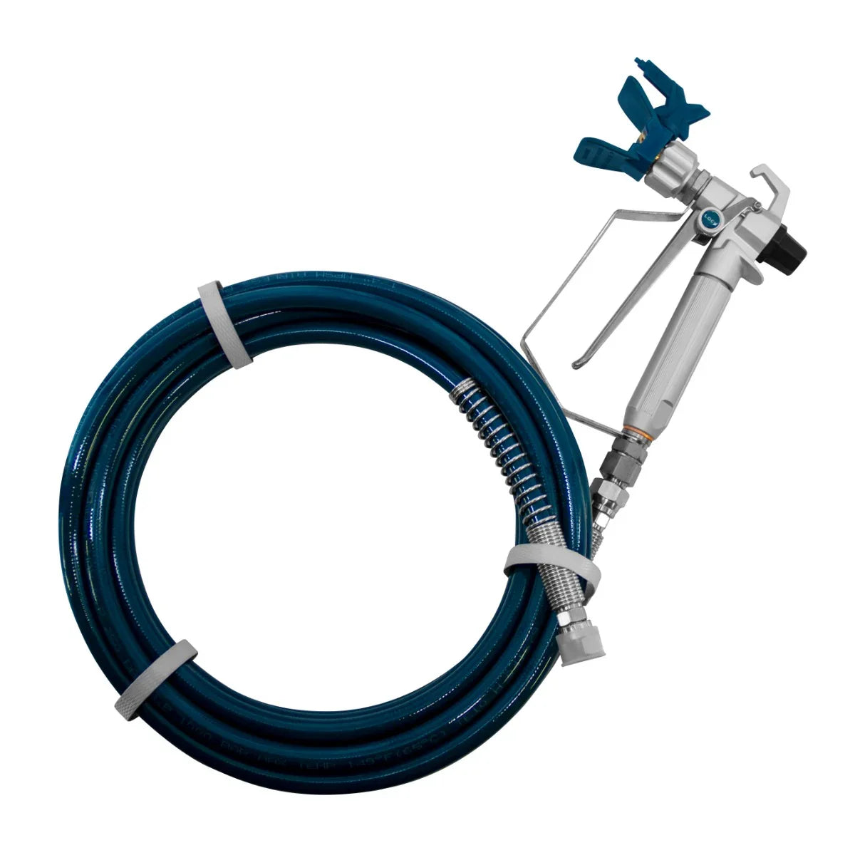 Maxblast Airless Paint Sprayer Gun with a 650W motor, featuring a sleek silver body, blue hose, and ergonomic grip for easy handling