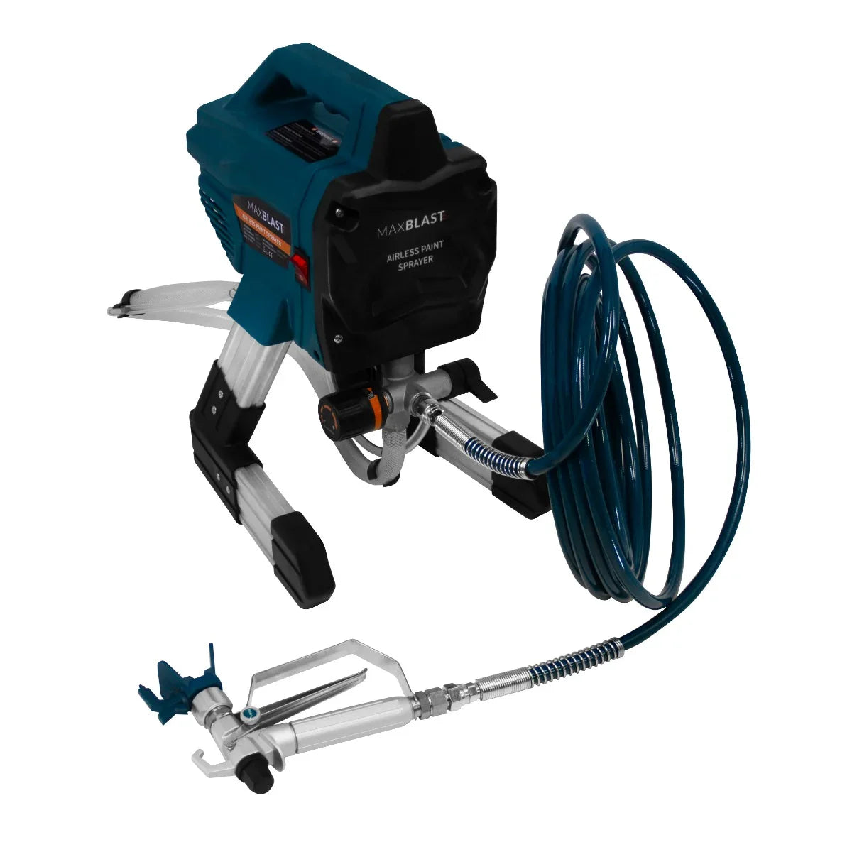 Maxblast Airless Paint Sprayer Gun in teal and black, featuring a sturdy stand, flexible hose, and precision spray nozzle for efficient painting
