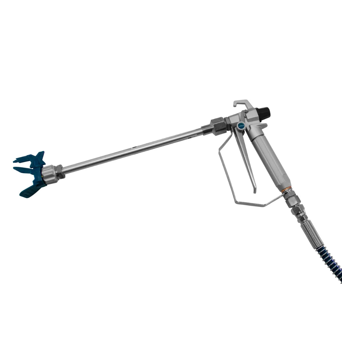 Maxblast Airless Paint Sprayer Gun in silver and blue, featuring a long nozzle, ergonomic handle, and flexible hose for easy painting
